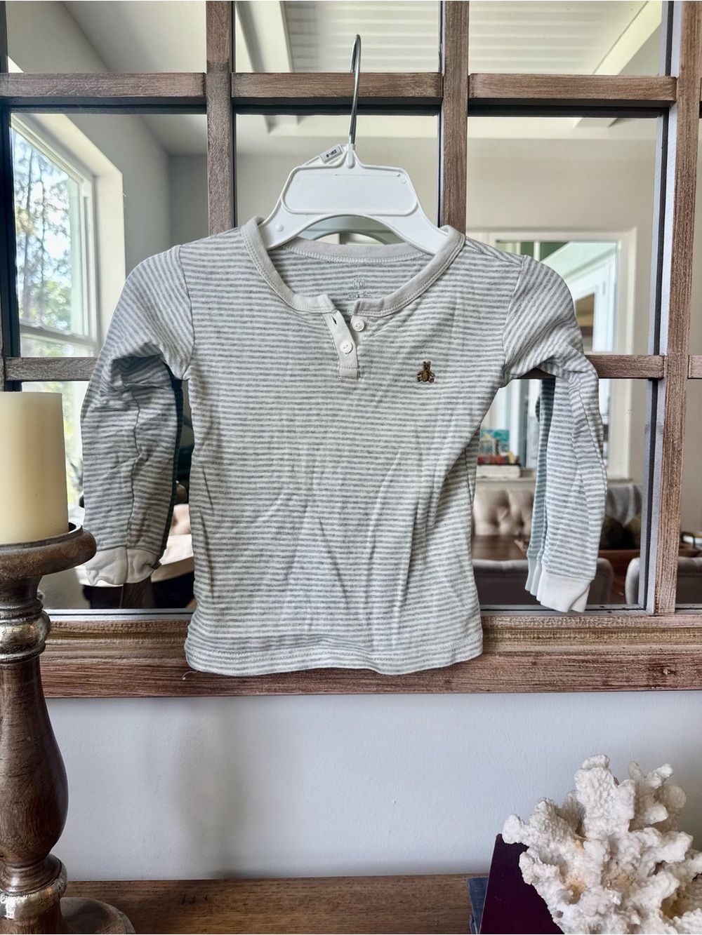 GAP Long-Sleeve Striped Henley Top - White & Light Gray